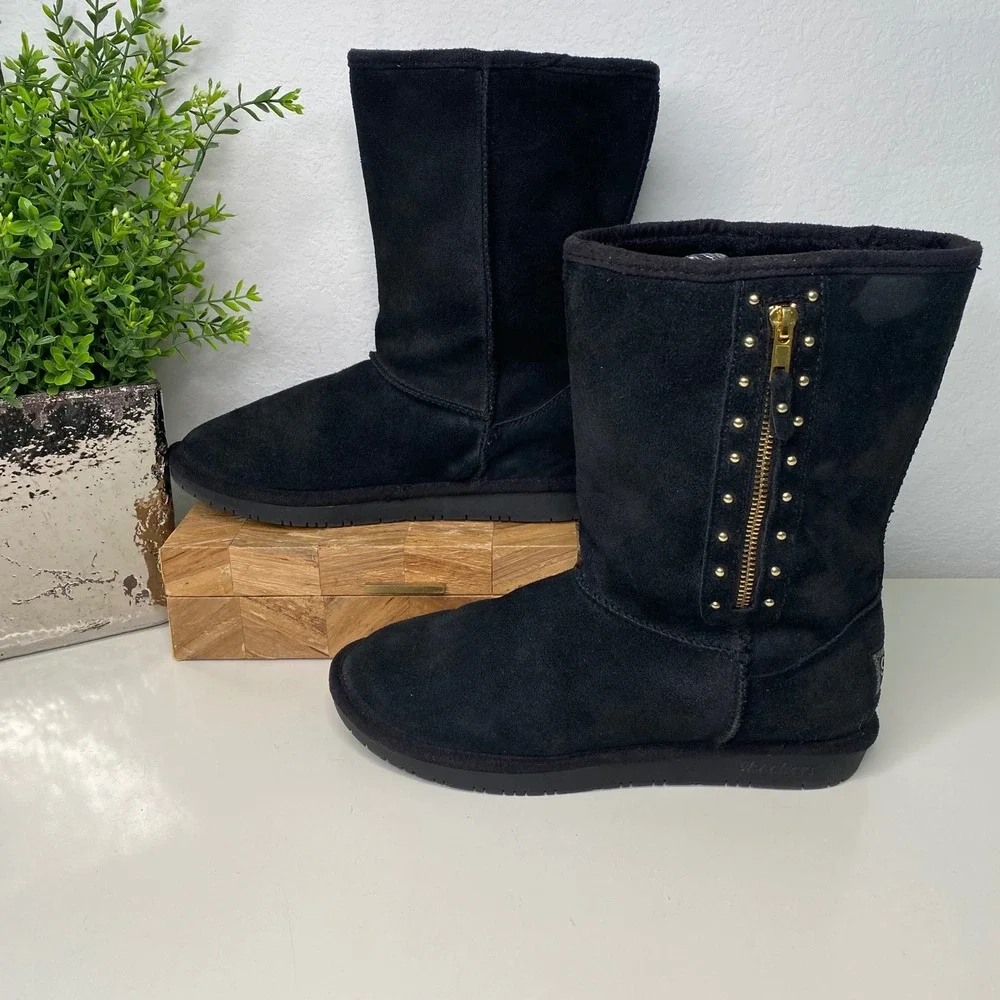 Skechers Australia Black Suede Zip Studded Tall Boots Size Cottagecore‎ Cozy 8.5